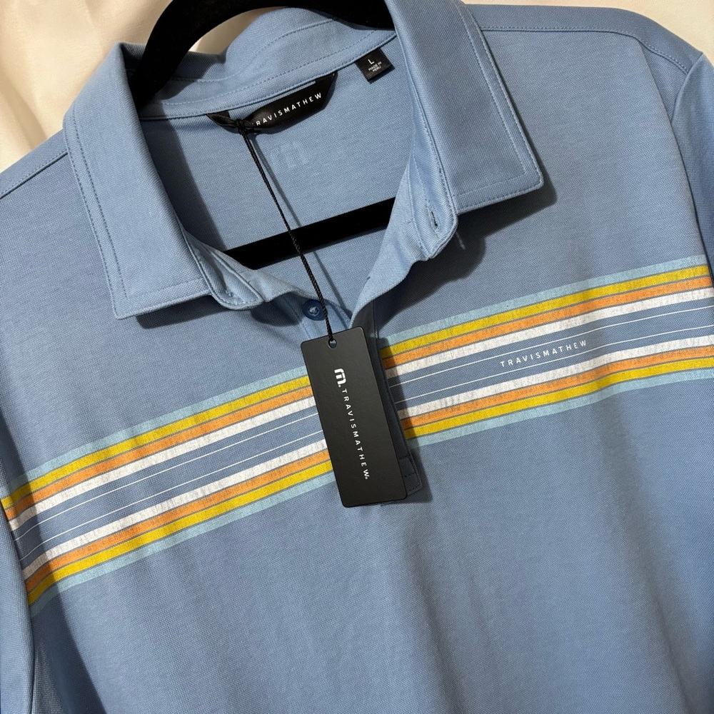 Travis Mathew Light Blue Golf Polo with Yellow & White Stripe Detail Sz Lg